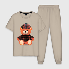 Мужская пижама хлопок с принтом Медвежонок шотландец в Тюмени, 100% хлопок | брюки и футболка прямого кроя, без карманов, на брюках мягкая резинка на поясе и по низу штанин
 | медведь | медвежонок | милый | оранжевый | плюшевый | пушистый