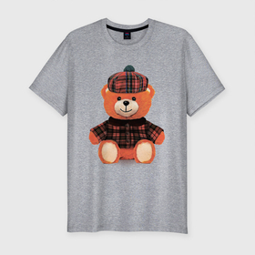 Мужская футболка хлопок Slim с принтом Медвежонок шотландец в Екатеринбурге, 92% хлопок, 8% лайкра | приталенный силуэт, круглый вырез ворота, длина до линии бедра, короткий рукав | медведь | медвежонок | милый | оранжевый | плюшевый | пушистый