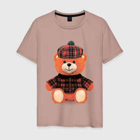Мужская футболка хлопок с принтом Медвежонок шотландец в Белгороде, 100% хлопок | прямой крой, круглый вырез горловины, длина до линии бедер, слегка спущенное плечо. | медведь | медвежонок | милый | оранжевый | плюшевый | пушистый