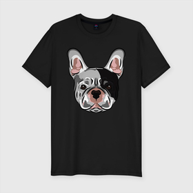 Мужская футболка хлопок Slim с принтом Французский бульдог черно серый в Белгороде, 92% хлопок, 8% лайкра | приталенный силуэт, круглый вырез ворота, длина до линии бедра, короткий рукав | Тематика изображения на принте: бульдог | иллюстрация | пес | собака | щенок