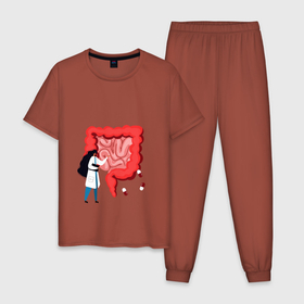 Мужская пижама хлопок с принтом Мой внутренний мир в Петрозаводске, 100% хлопок | брюки и футболка прямого кроя, без карманов, на брюках мягкая резинка на поясе и по низу штанин
 | Тематика изображения на принте: врач | доктор | желудок | иллюстрация | кишечник | кишки