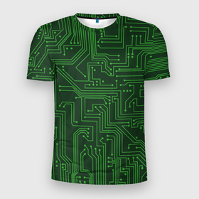 Мужская футболка 3D Slim с принтом Печатная плата в Тюмени, 100% полиэстер с улучшенными характеристиками | приталенный силуэт, круглая горловина, широкие плечи, сужается к линии бедра | кибер | компьютер | материнская плата | печатная плата | пк | программирование | схема | технологии