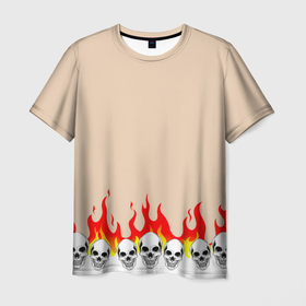 Мужская футболка 3D с принтом Черепа в Огне (Бежевый) в Новосибирске, 100% полиэфир | прямой крой, круглый вырез горловины, длина до линии бедер | Тематика изображения на принте: fire | head | skulls | голова | зверь | зубы | кости | огонь | паттерн | пламя | скелет | текстура | узор | черепа