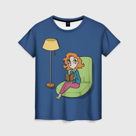 Женская футболка 3D с принтом девочка с книгой в Новосибирске, 100% полиэфир ( синтетическое хлопкоподобное полотно) | прямой крой, круглый вырез горловины, длина до линии бедер | book | girl | light | sofa | девочка | книга | кресло | лампа | посиделки