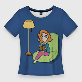 Женская футболка 3D Slim с принтом девочка с книгой в Тюмени,  |  | book | girl | light | sofa | девочка | книга | кресло | лампа | посиделки