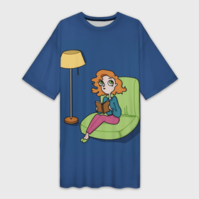 Платье-футболка 3D с принтом девочка с книгой ,  |  | book | girl | light | sofa | девочка | книга | кресло | лампа | посиделки