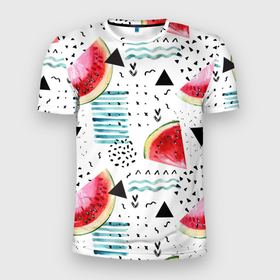 Мужская футболка 3D Slim с принтом сладкий арбуз в Белгороде, 100% полиэстер с улучшенными характеристиками | приталенный силуэт, круглая горловина, широкие плечи, сужается к линии бедра | арбуз | вечеринка | доля | клуб | корочка | сезон | сладко | ягода