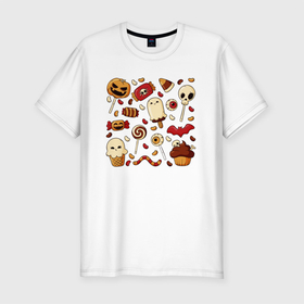 Мужская футболка хлопок Slim с принтом Хэллоуинские конфетки в Екатеринбурге, 92% хлопок, 8% лайкра | приталенный силуэт, круглый вырез ворота, длина до линии бедра, короткий рукав | иллюстрация | конфеты | леденцы | мороженное | череп