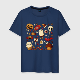 Мужская футболка хлопок с принтом Хэллоуинские конфетки в Екатеринбурге, 100% хлопок | прямой крой, круглый вырез горловины, длина до линии бедер, слегка спущенное плечо. | иллюстрация | конфеты | леденцы | мороженное | череп
