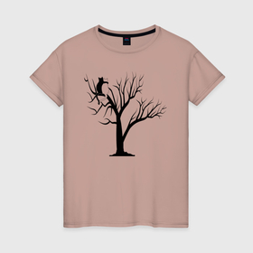 Женская футболка хлопок с принтом Влюблённые котики на дереве , 100% хлопок | прямой крой, круглый вырез горловины, длина до линии бедер, слегка спущенное плечо | дерево | кот | коты | кошка | кошки