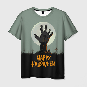 Мужская футболка 3D с принтом Happy Halloween в Екатеринбурге, 100% полиэфир | прямой крой, круглый вырез горловины, длина до линии бедер | halloween | holiday | pumpkin | samayn | vampire | zombie | вампир | ведьма | вечеринка | день всех святых | зомби | карнавал | маскарад | мертвец | оборотень | привидение | самайн | светильник джека | страшный джек | труп