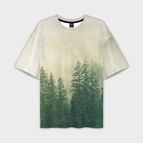Мужская футболка oversize 3D с принтом Тайга в тумане в Белгороде,  |  | деревья | лес | природа