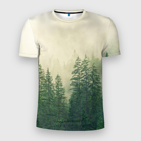 Мужская футболка 3D Slim с принтом Тайга в тумане в Белгороде, 100% полиэстер с улучшенными характеристиками | приталенный силуэт, круглая горловина, широкие плечи, сужается к линии бедра | деревья | лес | природа