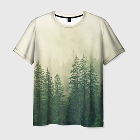 Мужская футболка 3D с принтом Тайга в тумане в Курске, 100% полиэфир | прямой крой, круглый вырез горловины, длина до линии бедер | деревья | лес | природа