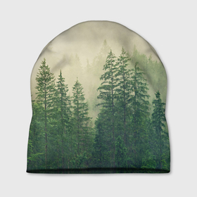 Шапка 3D с принтом Тайга в тумане в Тюмени, 100% полиэстер | универсальный размер, печать по всей поверхности изделия | Тематика изображения на принте: деревья | лес | природа