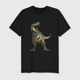 Мужская футболка хлопок Slim с принтом Тираннозавр в Новосибирске, 92% хлопок, 8% лайкра | приталенный силуэт, круглый вырез ворота, длина до линии бедра, короткий рукав | арт | динозавр | доисторические | рисунок | тираннозавр | хищник