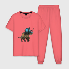 Мужская пижама хлопок с принтом Трицератопс в Новосибирске, 100% хлопок | брюки и футболка прямого кроя, без карманов, на брюках мягкая резинка на поясе и по низу штанин
 | Тематика изображения на принте: арт | динозавр | доисторические | рисунок | рога | трицератопс