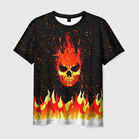 Мужская футболка 3D с принтом Пылающий Череп (Огонь) , 100% полиэфир | прямой крой, круглый вырез горловины, длина до линии бедер | beast | fire | head | skulls | голова | зверь | зубы | кости | огонь | паттерн | пламя | скелет | текстура | точки | узор | черепа | черный | яркий