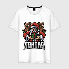 Мужская футболка хлопок с принтом Дед Мороз и медвежата в Новосибирске, 100% хлопок | прямой крой, круглый вырез горловины, длина до линии бедер, слегка спущенное плечо. | bear | gift | holiday | new year | santa klaus | дед мороз | медвежонок | новый год | подарок | праздник