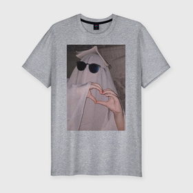 Мужская футболка хлопок Slim с принтом LUV призрак девушка под простынёй в Екатеринбурге, 92% хлопок, 8% лайкра | приталенный силуэт, круглый вырез ворота, длина до линии бедра, короткий рукав | love | для двоих | для пар | любовь | мем | необычное | очки | приведение | романтика | сердечко | сердце | современное