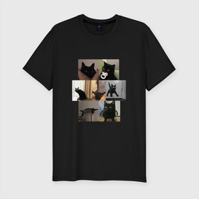 Мужская футболка хлопок Slim с принтом Сборник мемов с котами в Белгороде, 92% хлопок, 8% лайкра | приталенный силуэт, круглый вырез ворота, длина до линии бедра, короткий рукав | дизайн | кот | коты | необычное | прикол | сборник мемов с котами | черные коты | черный кот
