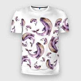 Мужская футболка 3D Slim с принтом Лиловые  киты , 100% полиэстер с улучшенными характеристиками | приталенный силуэт, круглая горловина, широкие плечи, сужается к линии бедра | sea | sealife | whale | кит | лиловый | море