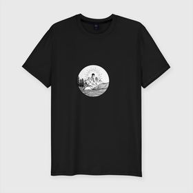 Мужская футболка хлопок Slim с принтом На краю Земли в Санкт-Петербурге, 92% хлопок, 8% лайкра | приталенный силуэт, круглый вырез ворота, длина до линии бедра, короткий рукав | вода | горы | деревья | земля | круг | лайнворк | море | пейзаж | река | черно белое