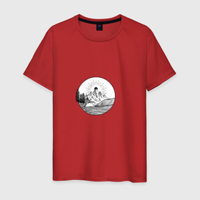 Мужская футболка хлопок с принтом На краю Земли , 100% хлопок | прямой крой, круглый вырез горловины, длина до линии бедер, слегка спущенное плечо. | вода | горы | деревья | земля | круг | лайнворк | море | пейзаж | река | черно белое