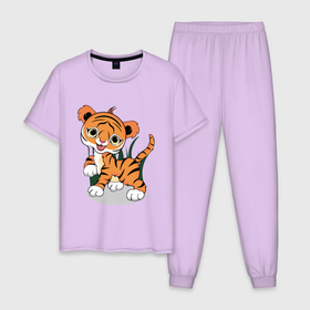 Мужская пижама хлопок с принтом Тигренок в Тюмени, 100% хлопок | брюки и футболка прямого кроя, без карманов, на брюках мягкая резинка на поясе и по низу штанин
 | 2022 | веселый | год тигра | котенок | листья | милый | полосатый | смешной | тигр | тигренок