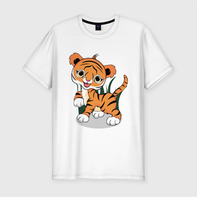 Мужская футболка хлопок Slim с принтом Тигренок в Петрозаводске, 92% хлопок, 8% лайкра | приталенный силуэт, круглый вырез ворота, длина до линии бедра, короткий рукав | 2022 | веселый | год тигра | котенок | листья | милый | полосатый | смешной | тигр | тигренок