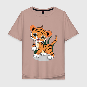 Мужская футболка хлопок Oversize с принтом Тигренок , 100% хлопок | свободный крой, круглый ворот, “спинка” длиннее передней части | 2022 | веселый | год тигра | котенок | листья | милый | полосатый | смешной | тигр | тигренок