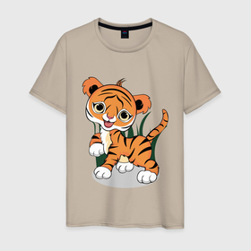 Мужская футболка хлопок с принтом Тигренок в Санкт-Петербурге, 100% хлопок | прямой крой, круглый вырез горловины, длина до линии бедер, слегка спущенное плечо. | 2022 | веселый | год тигра | котенок | листья | милый | полосатый | смешной | тигр | тигренок