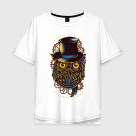 Мужская футболка хлопок Oversize с принтом Сова с пенсне в Новосибирске, 100% хлопок | свободный крой, круглый ворот, “спинка” длиннее передней части | клюв | пенсне | сова | уличный стиль | шестерня | шляпа