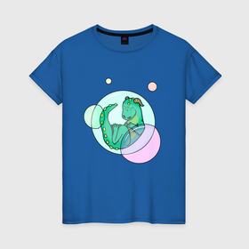 Женская футболка хлопок с принтом Динозавр в пузыре в Тюмени, 100% хлопок | прямой крой, круглый вырез горловины, длина до линии бедер, слегка спущенное плечо | dinosaur | детёныш | динозавр | зелёный | милашка | пузыри