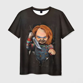 Мужская футболка 3D с принтом КУКЛА ЧАКИ в Новосибирске, 100% полиэфир | прямой крой, круглый вырез горловины, длина до линии бедер | blood | fear | film | кино | кровь | кукла | проклячаки | убтие | ужас | ужастик | фильмы | чаки