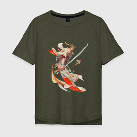 Мужская футболка хлопок Oversize с принтом Самурай моря в Новосибирске, 100% хлопок | свободный крой, круглый ворот, “спинка” длиннее передней части | арт | воин | воин моря | красный окунь | море | рисунок | русал | русалка | самурай