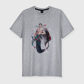Мужская футболка хлопок Slim с принтом Русал самурай в Екатеринбурге, 92% хлопок, 8% лайкра | приталенный силуэт, круглый вырез ворота, длина до линии бедра, короткий рукав | арт | воин | воин моря | море | рисунок | русал | русалка | самурай