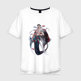 Мужская футболка хлопок Oversize с принтом Русал самурай в Новосибирске, 100% хлопок | свободный крой, круглый ворот, “спинка” длиннее передней части | арт | воин | воин моря | море | рисунок | русал | русалка | самурай