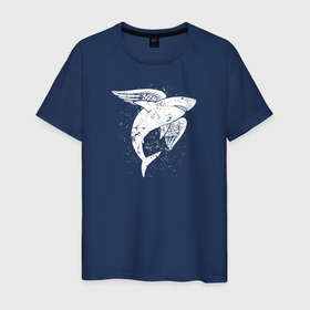Мужская футболка хлопок с принтом Крылатая акула в Санкт-Петербурге, 100% хлопок | прямой крой, круглый вырез горловины, длина до линии бедер, слегка спущенное плечо. | shark | акула | зверь | клыки | крылья | мифический | монстр | пасть | рыба | странный | хищник