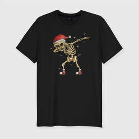Мужская футболка хлопок Slim с принтом New Year skeleton Dab , 92% хлопок, 8% лайкра | приталенный силуэт, круглый вырез ворота, длина до линии бедра, короткий рукав | bones | dab | gesture | holiday | new year | night | skeleton | stars | жест | звёзды | кости | новый год | ночь | праздник | скелет