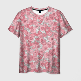 Мужская футболка 3D с принтом Нежно коралловые розы в Петрозаводске, 100% полиэфир | прямой крой, круглый вырез горловины, длина до линии бедер | детский | коралловые розы | модный | розовые розы | розы | скетч | современный | цветочный узор | цветы