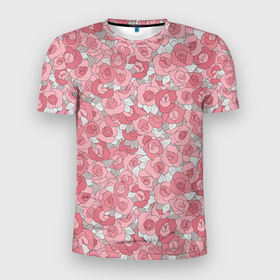 Мужская футболка 3D Slim с принтом Нежно коралловые розы в Новосибирске, 100% полиэстер с улучшенными характеристиками | приталенный силуэт, круглая горловина, широкие плечи, сужается к линии бедра | детский | коралловые розы | модный | розовые розы | розы | скетч | современный | цветочный узор | цветы