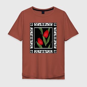 Мужская футболка хлопок Oversize с принтом Аппликация красные тюльпаны в Кировске, 100% хлопок | свободный крой, круглый ворот, “спинка” длиннее передней части | иллюстрация | картина | красные тюльпаны | кружева | тюльпаны