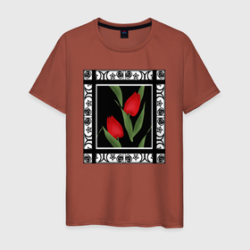 Мужская футболка хлопок с принтом Аппликация красные тюльпаны в Тюмени, 100% хлопок | прямой крой, круглый вырез горловины, длина до линии бедер, слегка спущенное плечо. | Тематика изображения на принте: иллюстрация | картина | красные тюльпаны | кружева | тюльпаны