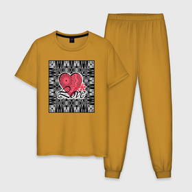 Мужская пижама хлопок с принтом Аппликация Любовь в Курске, 100% хлопок | брюки и футболка прямого кроя, без карманов, на брюках мягкая резинка на поясе и по низу штанин
 | влюбленным | иллюстрация | картина | любовь | модный | сердце | черно белый