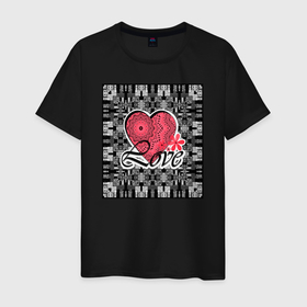 Мужская футболка хлопок с принтом Аппликация Любовь в Петрозаводске, 100% хлопок | прямой крой, круглый вырез горловины, длина до линии бедер, слегка спущенное плечо. | влюбленным | иллюстрация | картина | любовь | модный | сердце | черно белый