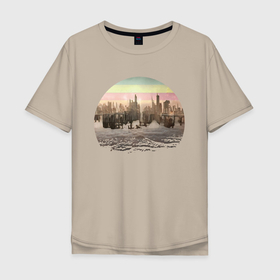 Мужская футболка хлопок Oversize с принтом Постап ретро закат в Новосибирске, 100% хлопок | свободный крой, круглый ворот, “спинка” длиннее передней части | закат | постапокалипсис | развалины | ретро | руины | фантастика | фентази