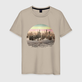 Мужская футболка хлопок с принтом Постап ретро закат в Тюмени, 100% хлопок | прямой крой, круглый вырез горловины, длина до линии бедер, слегка спущенное плечо. | закат | постапокалипсис | развалины | ретро | руины | фантастика | фентази