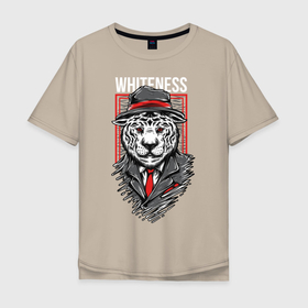 Мужская футболка хлопок Oversize с принтом Тигр в шляпе в Курске, 100% хлопок | свободный крой, круглый ворот, “спинка” длиннее передней части | квадрат | рамка | тигр | уличный стиль | шляпа. галстук