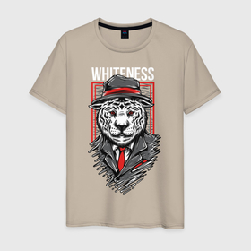 Мужская футболка хлопок с принтом Тигр в шляпе в Новосибирске, 100% хлопок | прямой крой, круглый вырез горловины, длина до линии бедер, слегка спущенное плечо. | квадрат | рамка | тигр | уличный стиль | шляпа. галстук